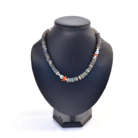 Collier "perles noires", labradorite, corail... - D749A